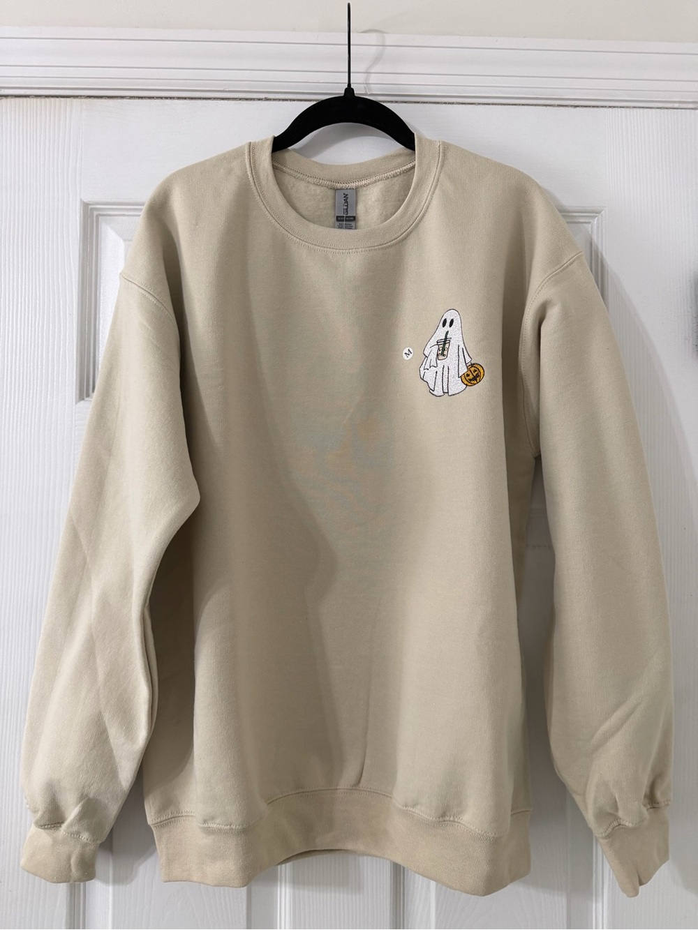 Halloween Embroidered Ghost Iced Coffee Women’s Crewneck Sweatshirt